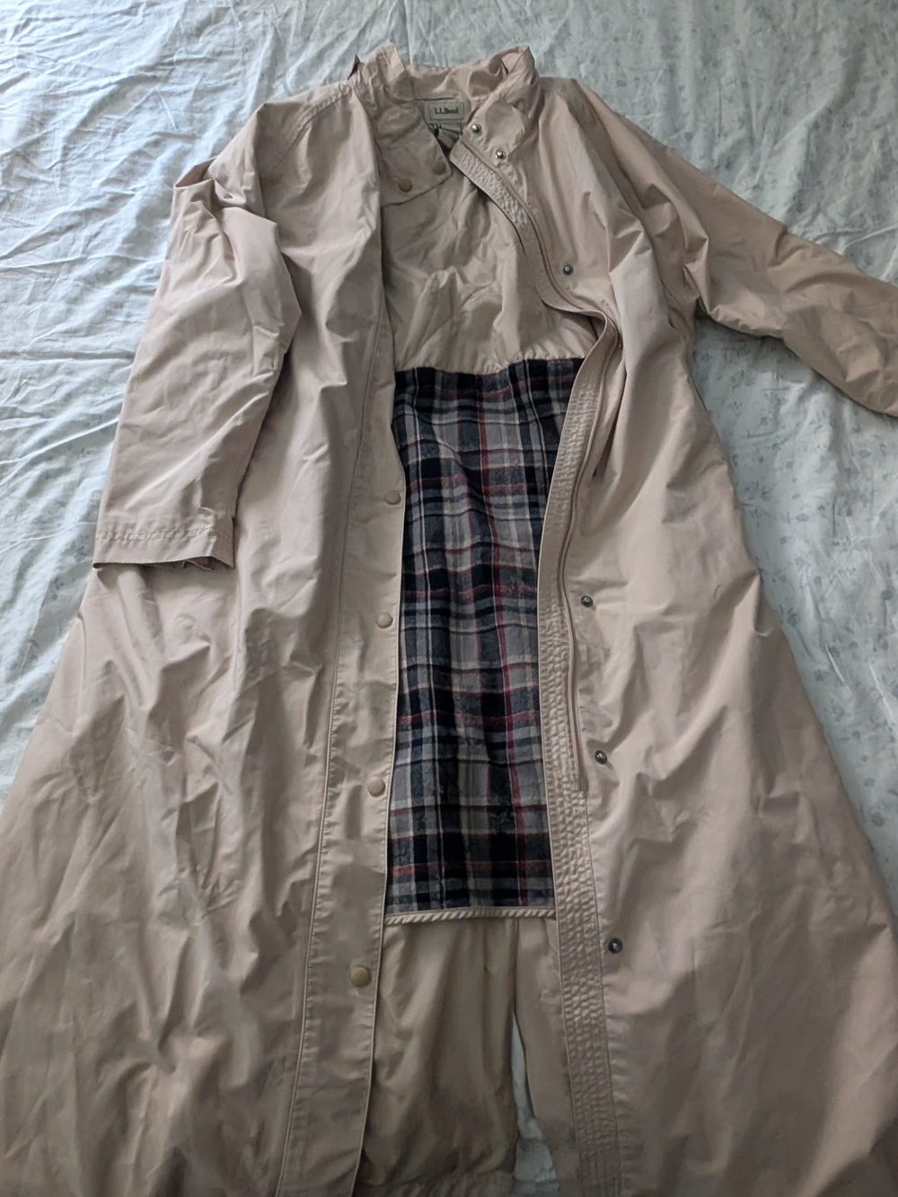L.L. Bean Light Beige Trench Coat with Plaid Lining